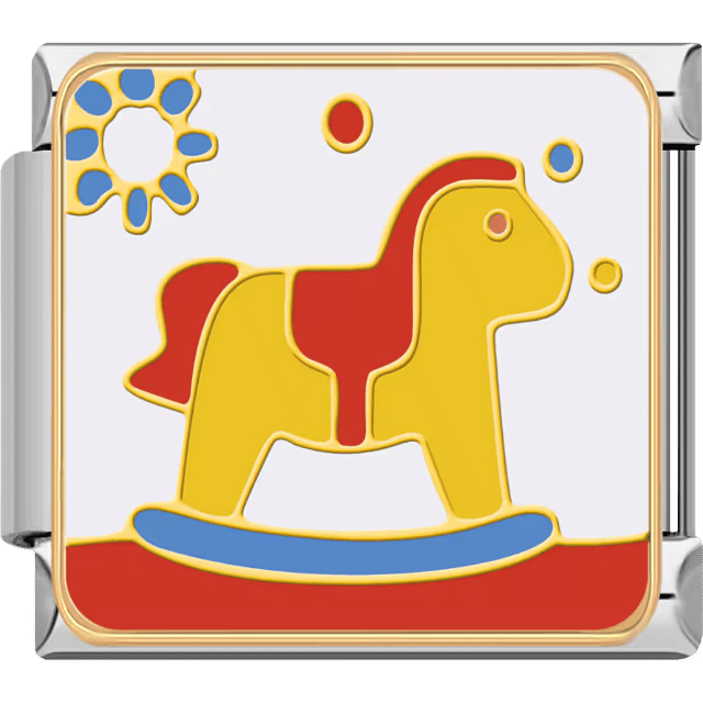 Colorful yellow and red rocking horse with a blue base and playful carnival details on a silver Italian charm.